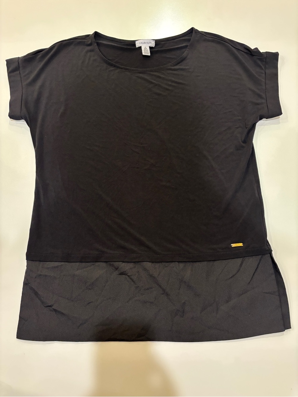 Calvin Klein‎ Black Short-Sleeve Layered Hem Top Boxy Cut size S Career Classy